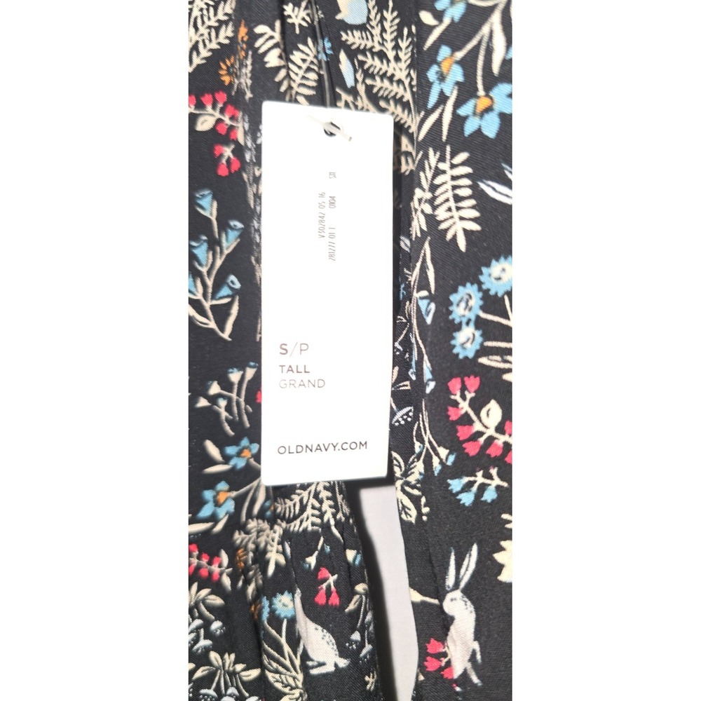 $25 NWT OLD NAVY long sleeve babydoll dress S Tall black blue floral bunny zips - Picture 11 of 14